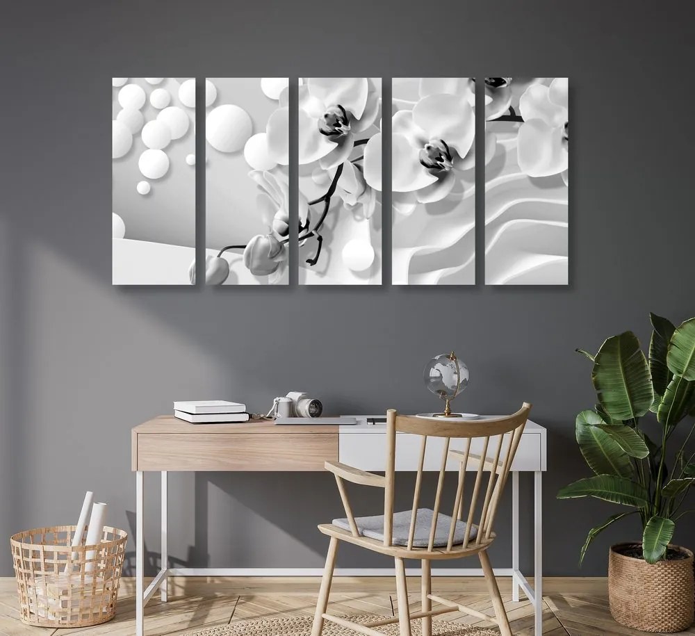 Quadri 5 pezzi – Orchidea in bianco e nero su sfondo astratto