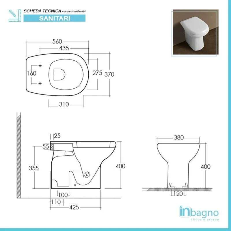 Wc tradizionale con brida serie Orient in ceramica con scarico a pavimento