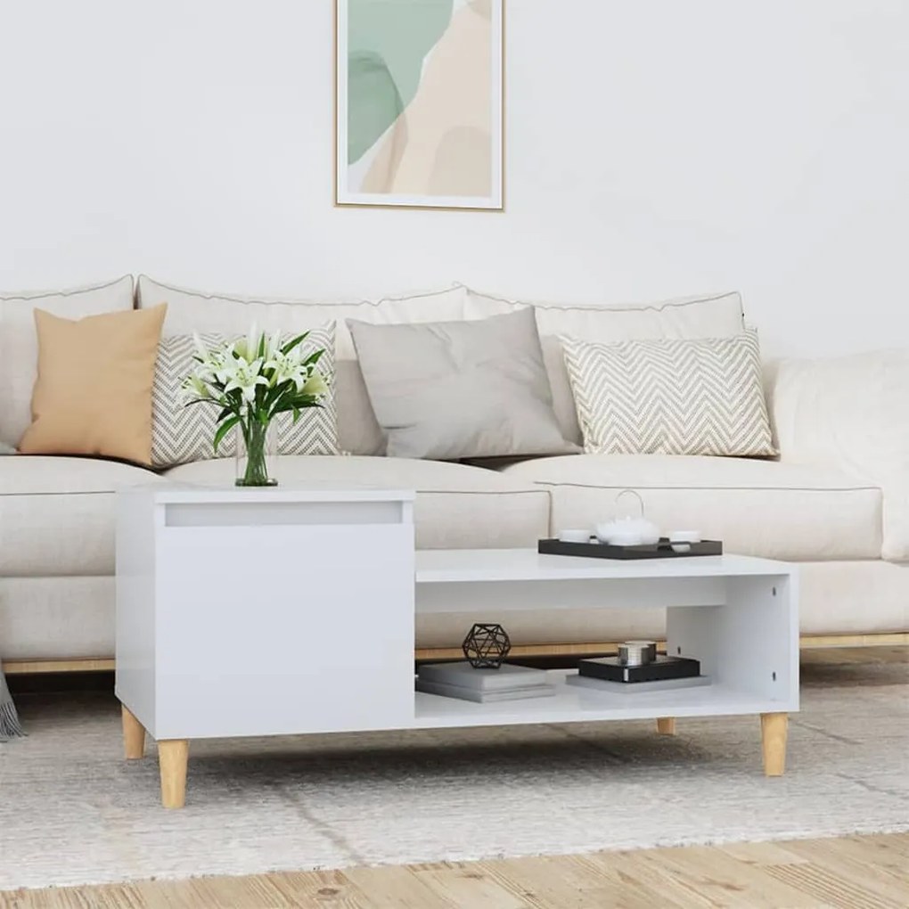 Tavolino Da Salotto Bianco Lucido 100x50x45cm Legno Multistrato /