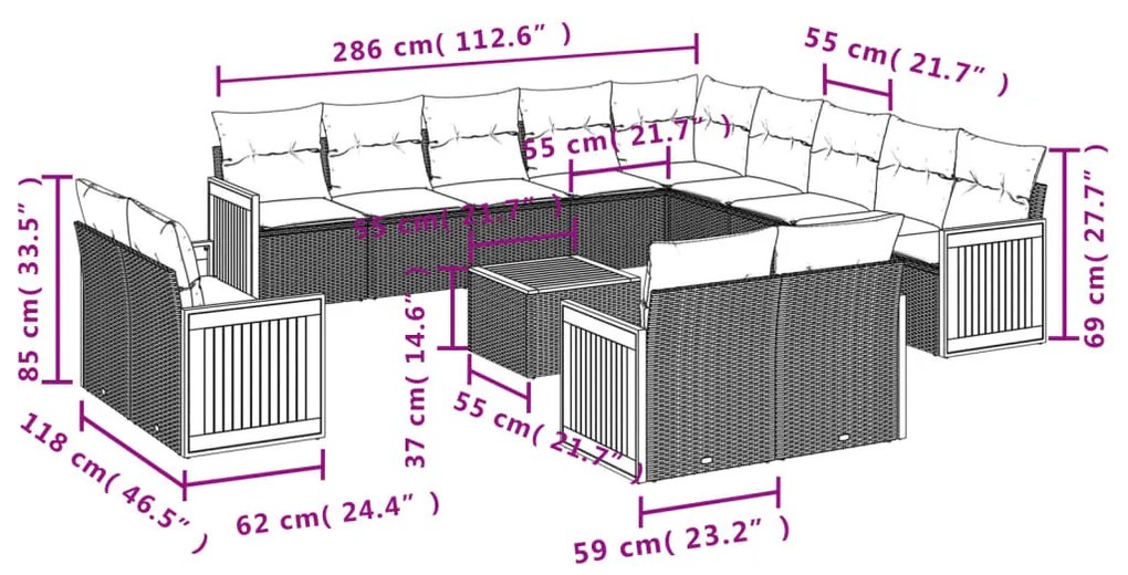 Set divani da giardino 14pz con cuscini in polyrattan beige