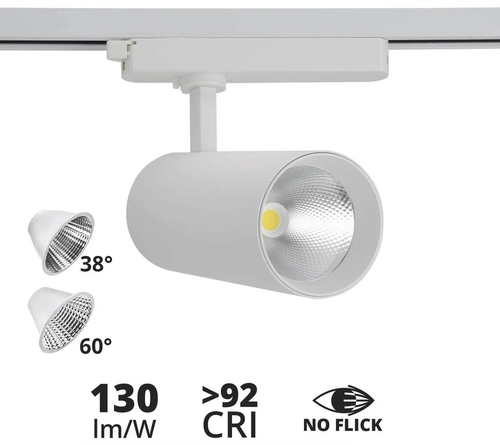 Faro LED 40W Monofase 38°/60° 130LM/W CRI92 no Flickering Colore Bianco Caldo 2.700K