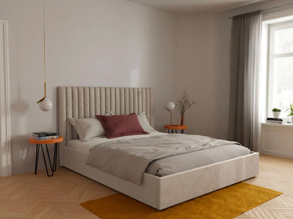 Letto con contenitore con testiera letto cuciture verticali 140 x 190 cm Tessuto Beige SARAH