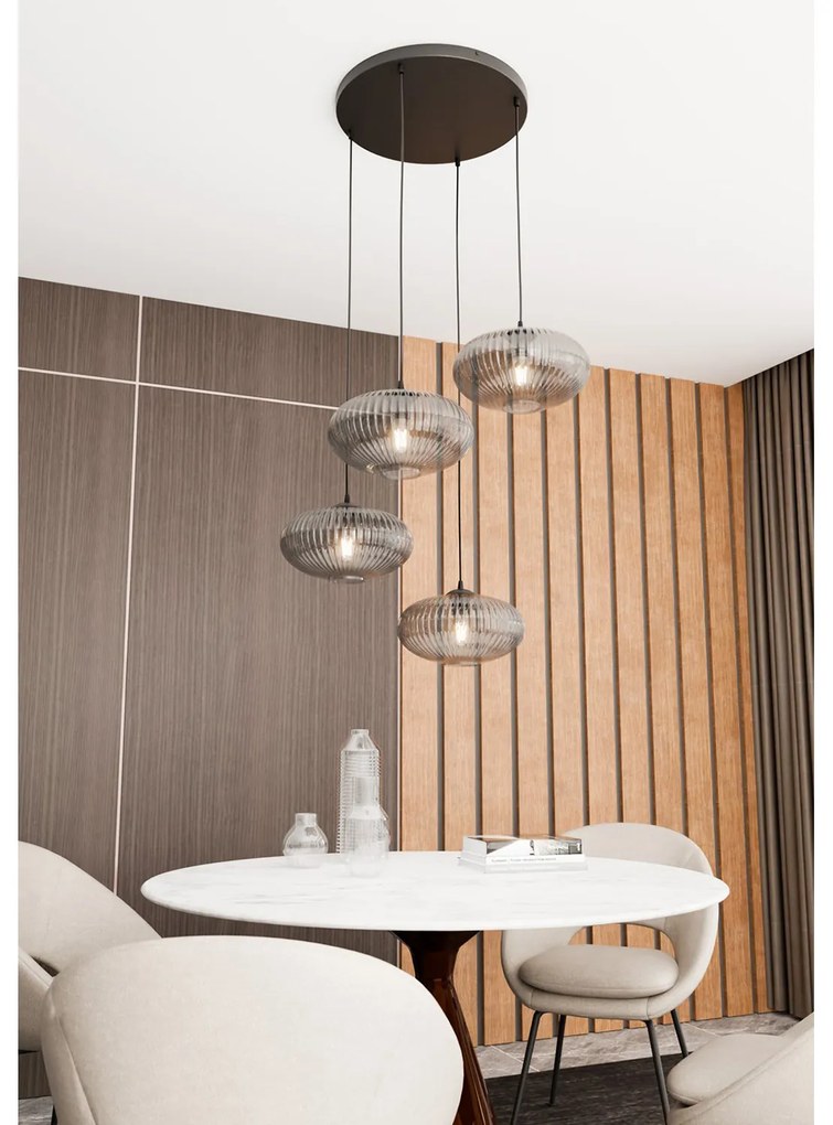 Lampadario 4 Luci Iris Base Tonda In Acciaio Nero Paralume Plissettato Fumè