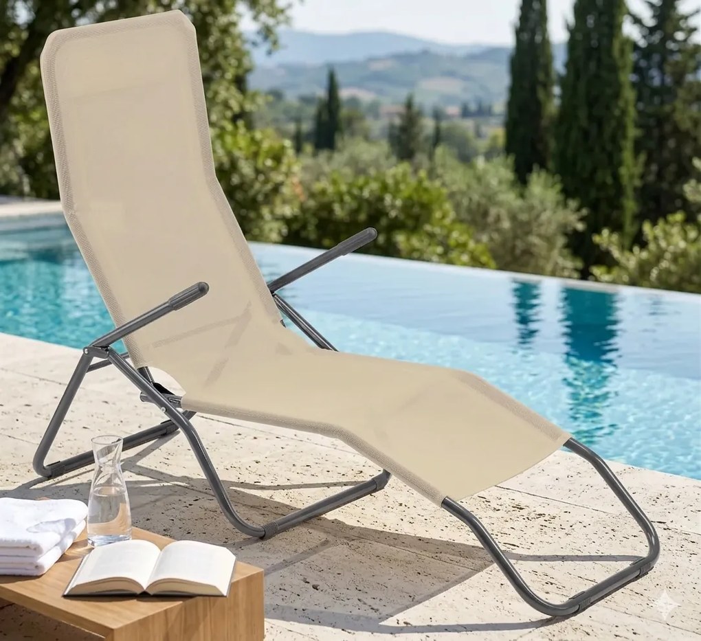 Lettino Prendisole in Acciaio e Textilene Beige...