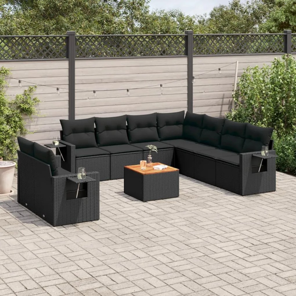 Set divani da giardino 10pz con cuscini in polyrattan nero