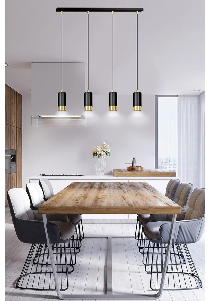 Lampadario 4 Luci Ivar Con Cilindri In Acciaio Nero E Oro