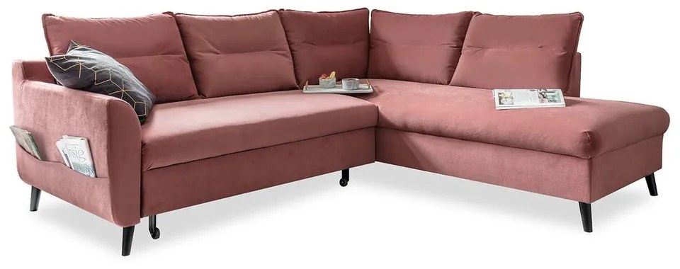 Divano letto angolare in velluto rosa L, angolo destro Stylish Stan - Miuform