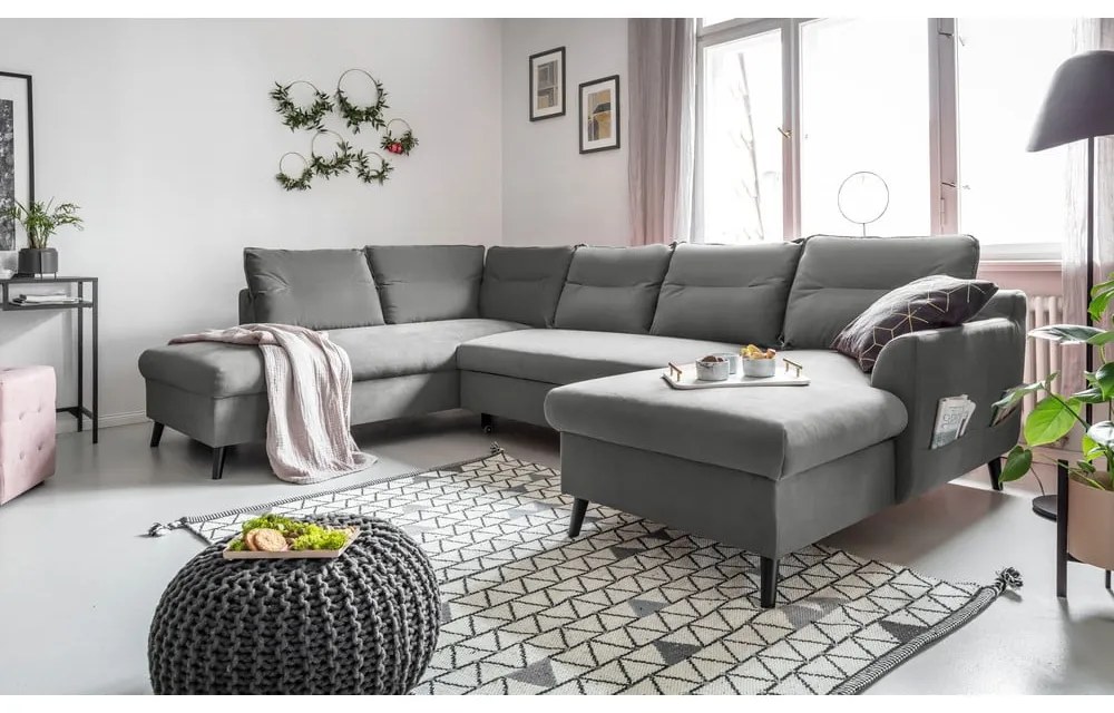 Divano letto a U in velluto grigio chiaro, angolo sinistro Stylish Stan - Miuform