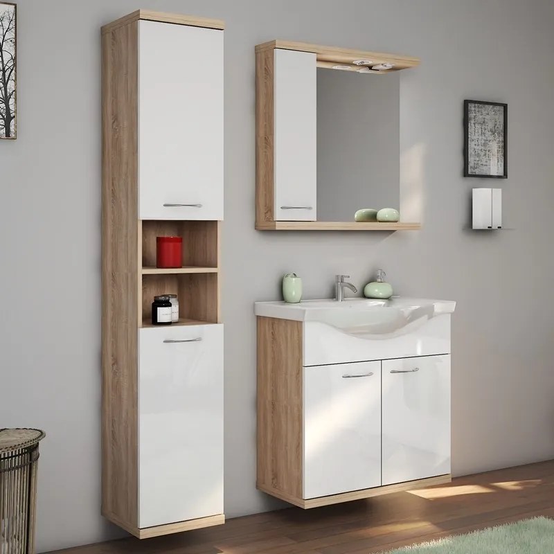 Kamalu - Composizione bagno a terra o sospesa 80 cm bicolore bianco e legno chiaro | LAC ESTIA-80