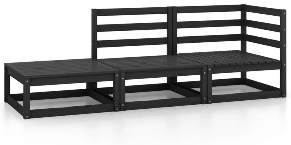 Set divani da giardino 3 pz nero in legno massello di pino