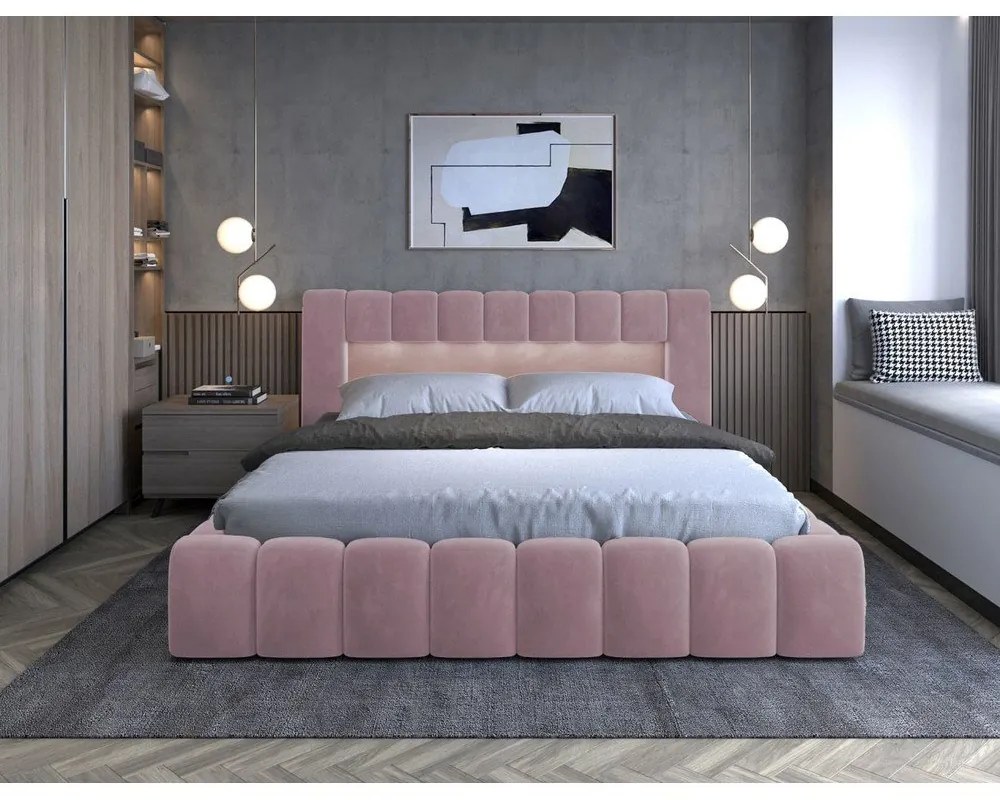 Letto matrimoniale imbottito rosa con contenitore con rete inclusa 160x200 cm Lamica – ELTAP