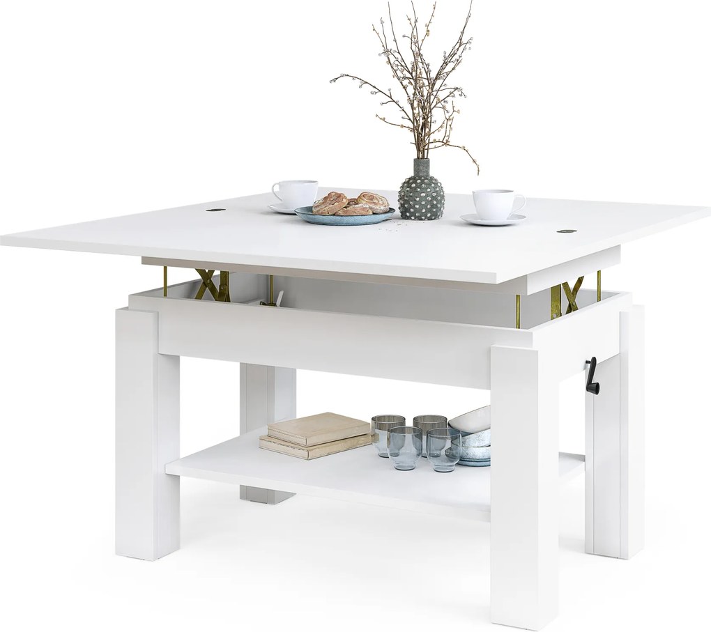 BRAWO Bianco - TAVOLINO DA CAFFÈ CON PIANO ALLUNGABILE E SOLLEVABILE TAVOLO TRASFORMABILE CON RIPIANO