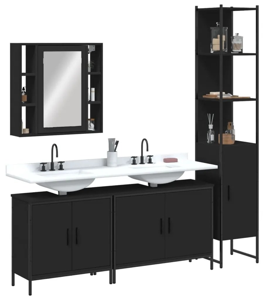 Set Mobili Da Bagno 4 Pz Nero İn Legno Multistrato /