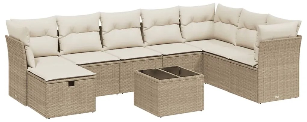 Set divano da giardino 9 pz con cuscini beige in polyrattan