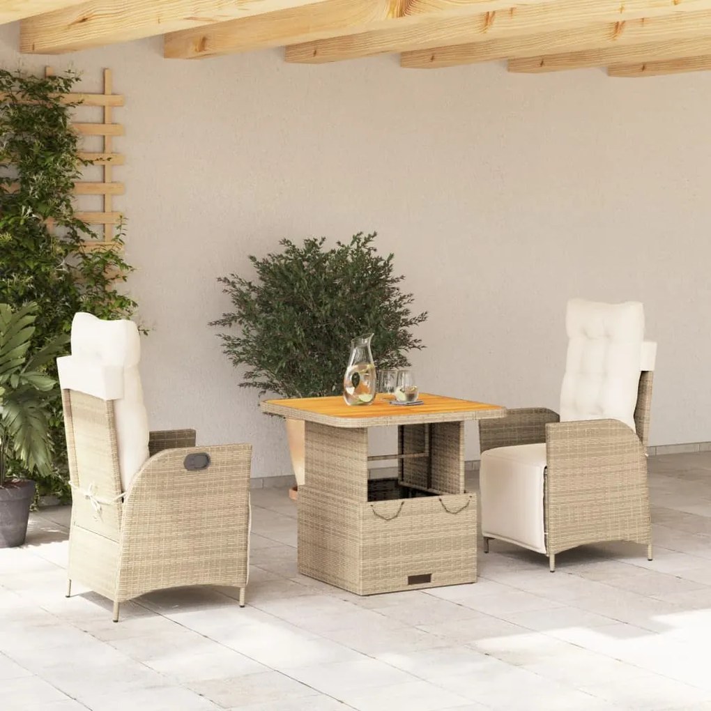 Set Da Pranzo Da Giardino 3 Pz Con Cuscini Beige İn Polyrattan /