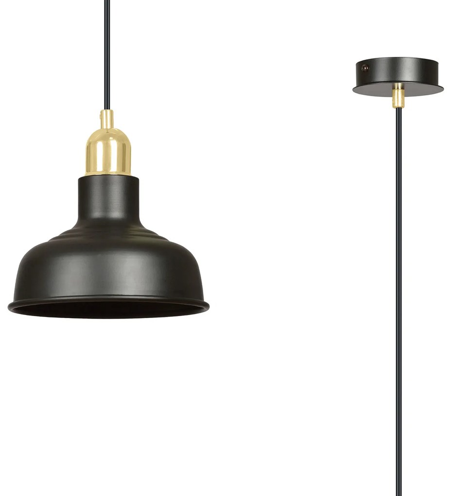 Sospensione Industrial 1 Luce Kubera In Acciaio Nero Con Elementi In Oro