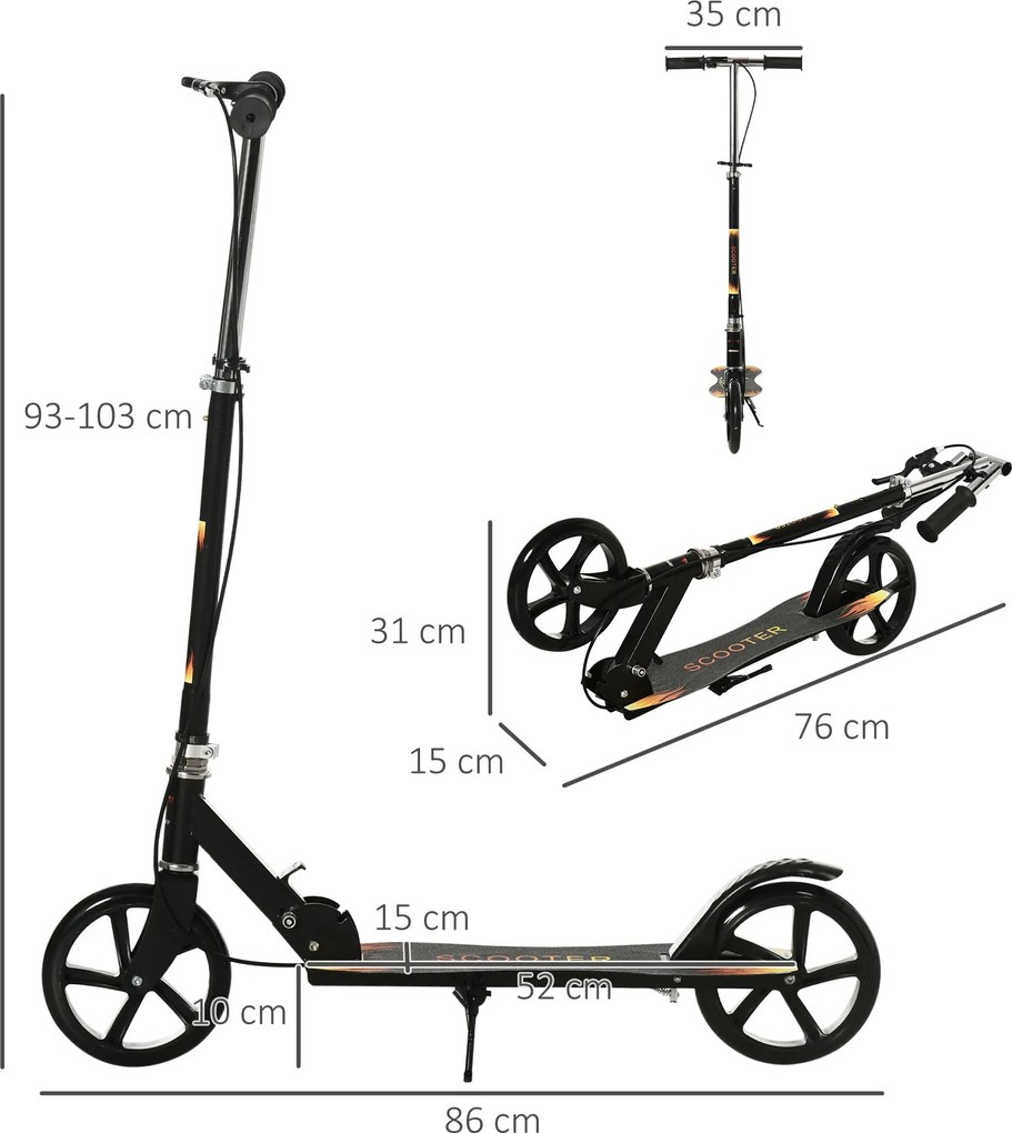 Monopattino per Bambini 86x35x93/98/103 cm Manubrio 3 Altezze in Metallo Nero...