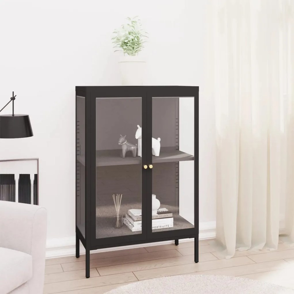 Credenza Nera 75x35x105 Cm İn Acciaio E Vetro /