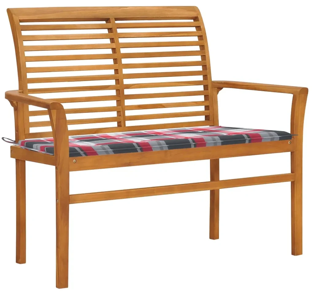 Panca da giardino con cuscino rosso a quadri 112 cm legno teak