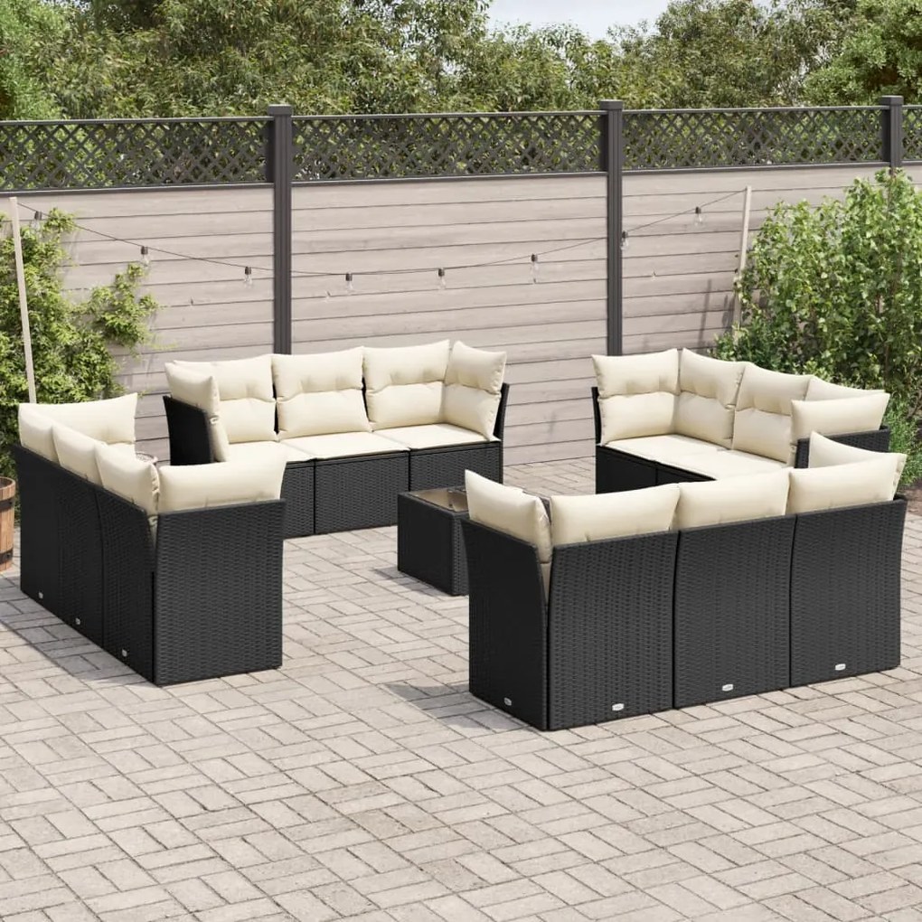 Set divani da giardino 13pz con cuscini nero in polyrattan