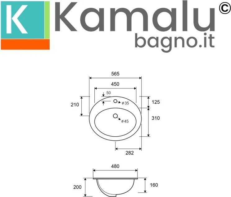 Lavabo da incasso soprapiano 56.5cm ceramica bianca | Litos-655 - KAMALU