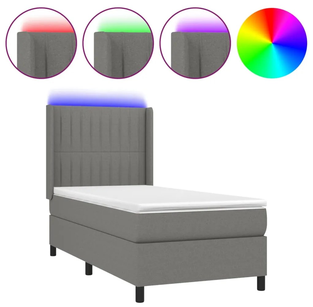 Letto a molle materasso e led grigio scuro 90x190 cm in tessuto