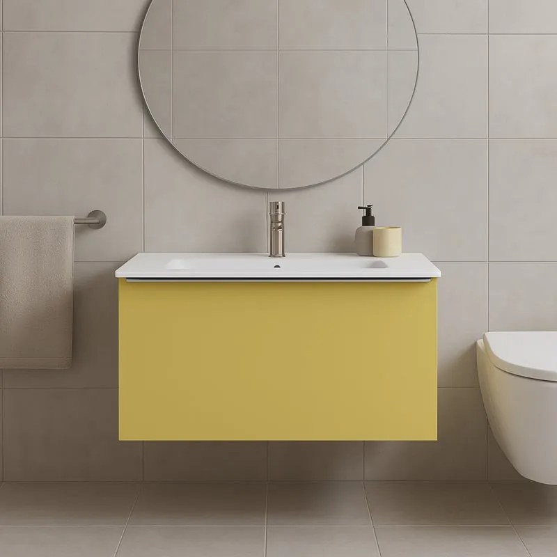 Mobile da bagno sospeso sotto lavabo Pixel plain 1 cassetto L 80 x H 40 x P 45.5 cm giallo laccato opaco, con maniglia alluminio brillante