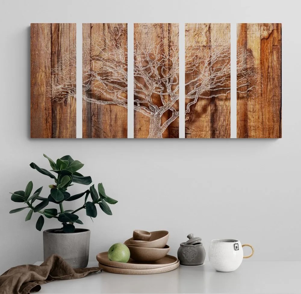 Quadri 5 pezzi – Albero su sfondo di legno
