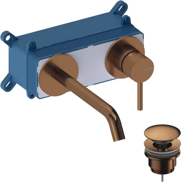 Rubinetto per lavabo Loop monocomando a parete per lavabo bocca 18cm + corpo incasso + piletta di scarico rose gold brushed