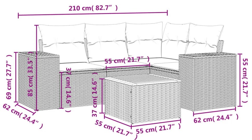 Set Divano da Giardino 5 pz con Cuscini Grigio in Polyrattan