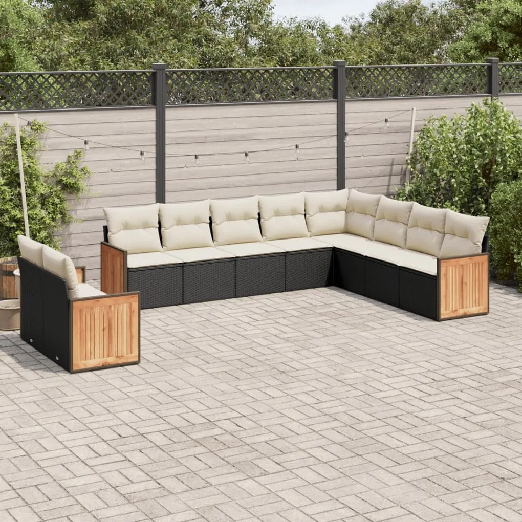 Set Divani da Giardino 10pz con Cuscini in Polyrattan Nero