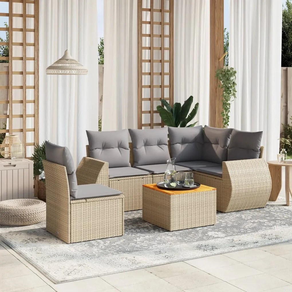 Set divano da giardino 6 pz con cuscini beige in polyrattan