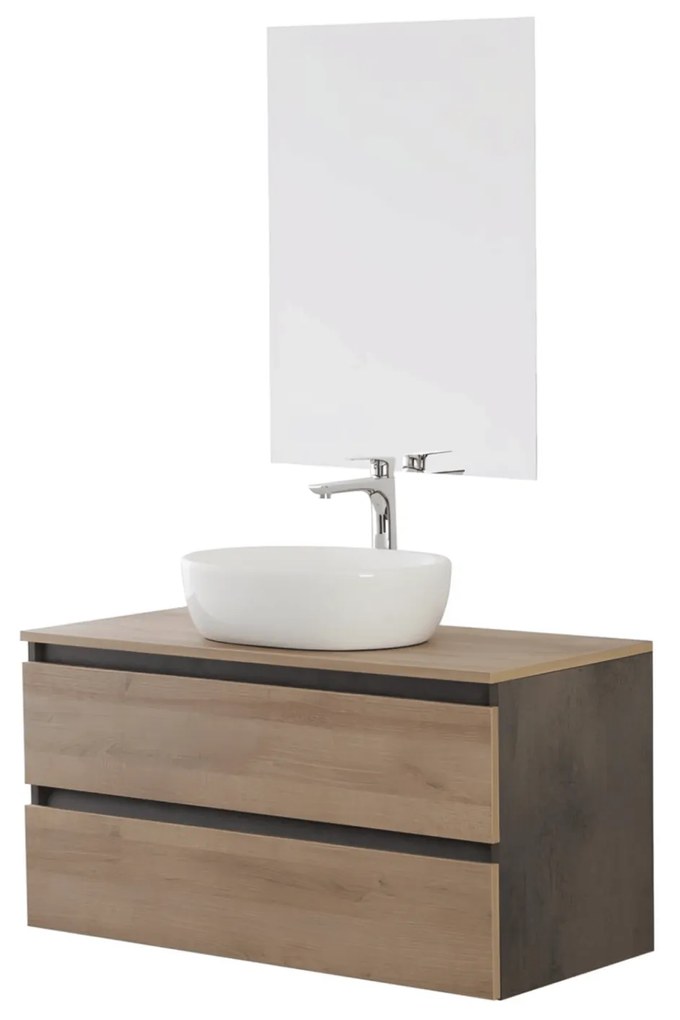 Mobile Bagno Sospeso 80 Cm Due Cassetti Specchio a Filo 80x60 Cm Feridras "Revital" Ossido Grigio/Rovere Di Bordeaux