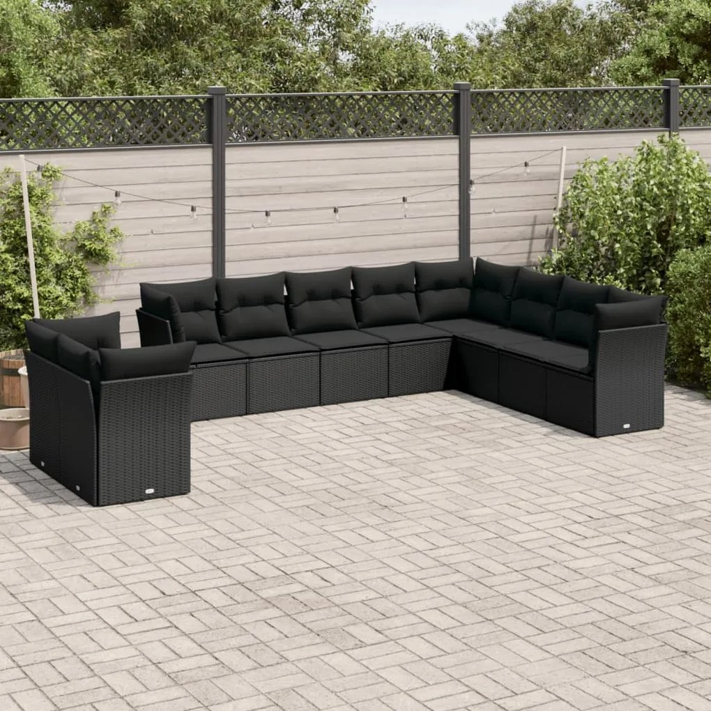 Set divani da giardino 10pz con cuscini in polyrattan nero