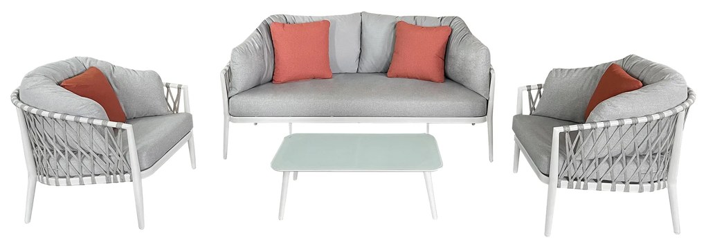 BACHATA - salotto con struttura in alluminio verniciato taupe o bianca, rivestimento in corda in pvc