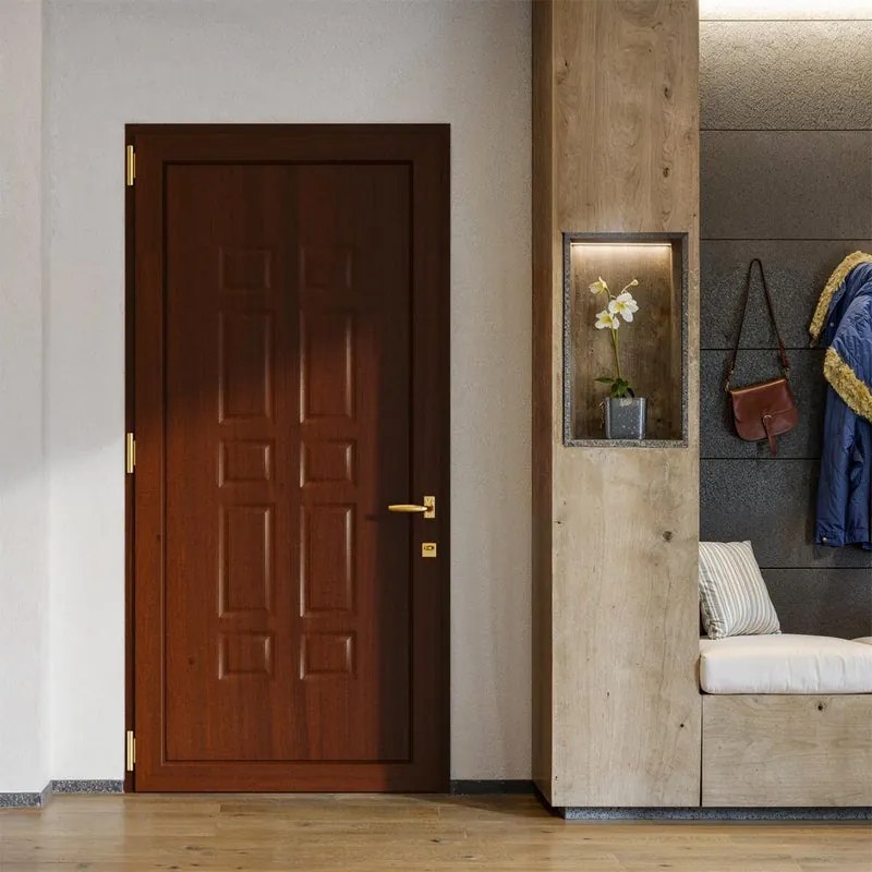 Porta d'ingresso DOLCETTI in PVC pannello bugnato mod.024 L 80 x H 210 cm in PVC noce, apertura spingere a sinistra, falso telaio non incluso