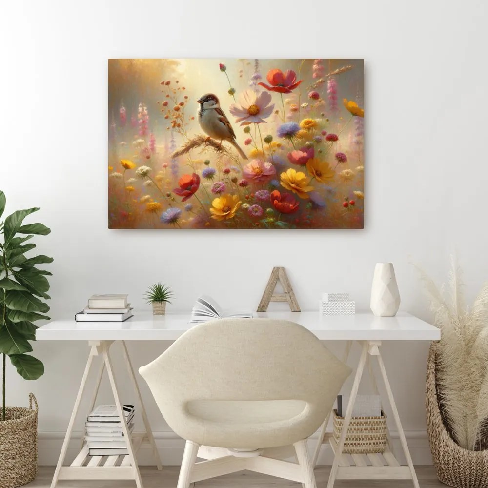 Quadro su tela – Passero nel giardino fiorito