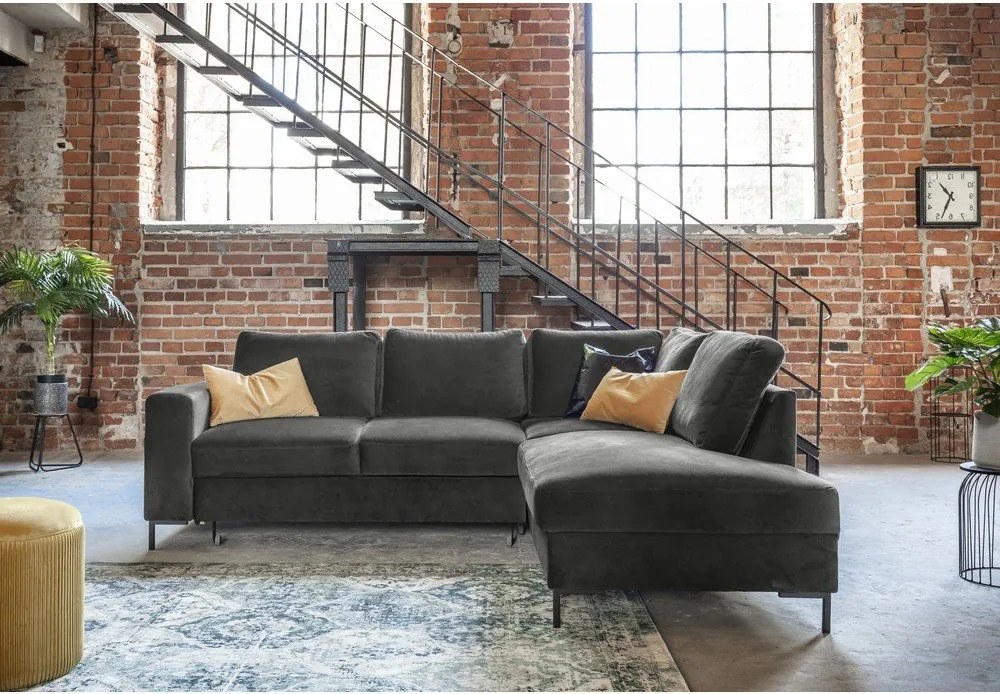 Divano letto angolare in velluto grigio scuro (angolo destro) Lofty Lilly - Miuform
