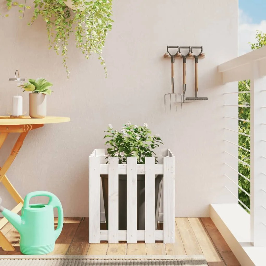 Fioriera Giardino A Recinzione Bianco 50x50x50 Cm Massello Pino /