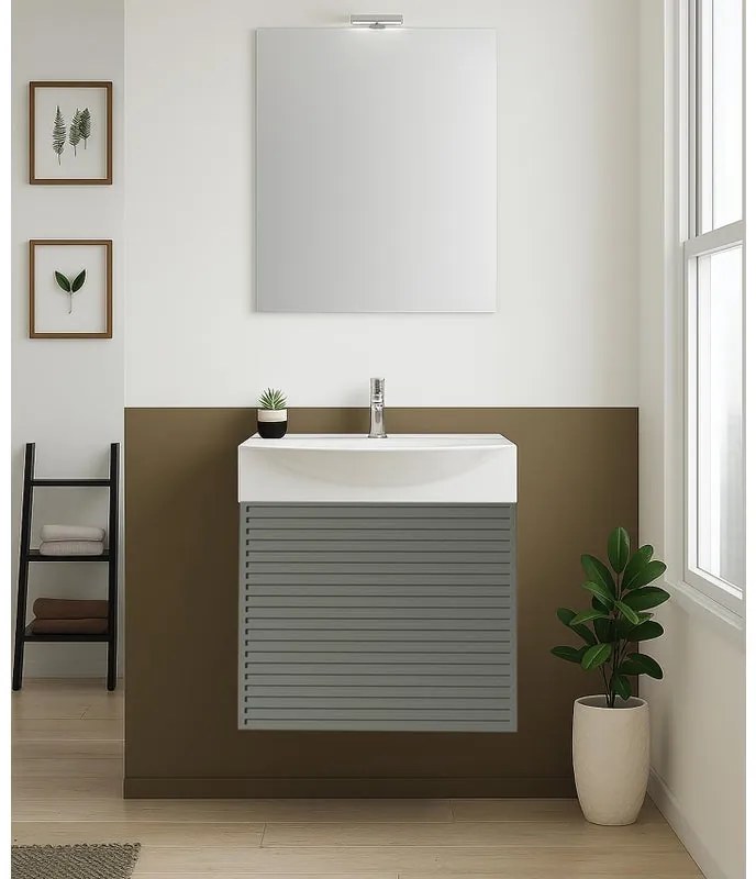 Mobile bagno sospeso con lavabo e specchio e illuminazione L 50 x H 58 x P 40 cm laccato opaco grigio carbone, 1 anta per vasca centrale Mini50s