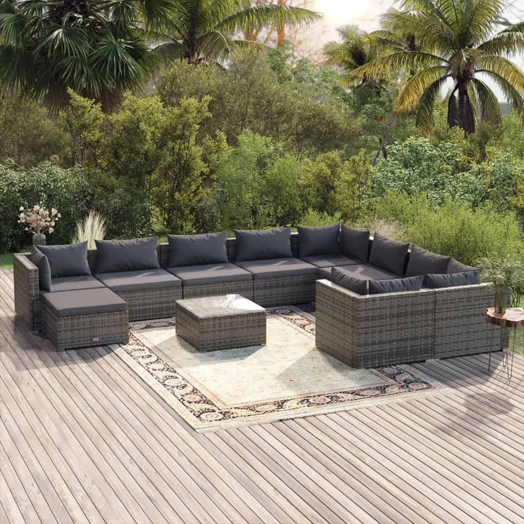 Set Divani da Giardino 11 pz con Cuscini in Polyrattan Grigio