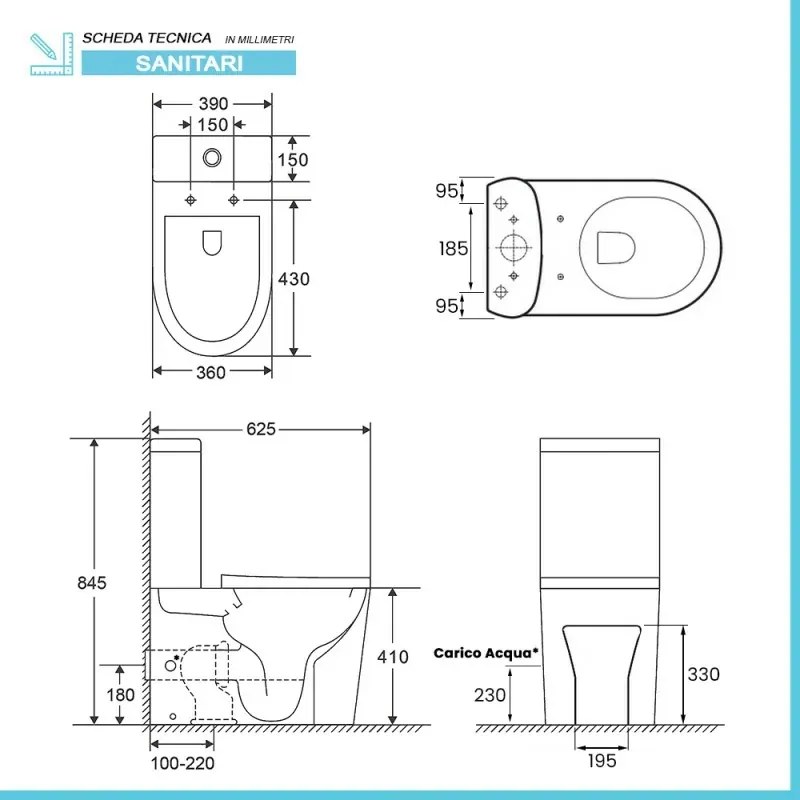 Wc filomuro monoblocco Rimless scarico universale e sedile rallentato Klan