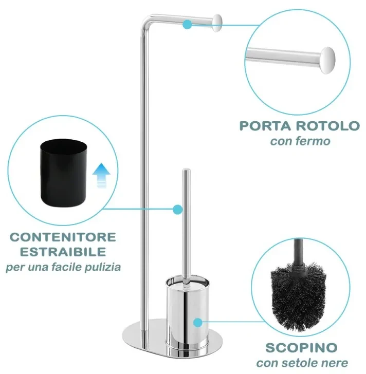 Piantana Portascopino e Porta Rotolo Cromo Lucido con Base Ovale