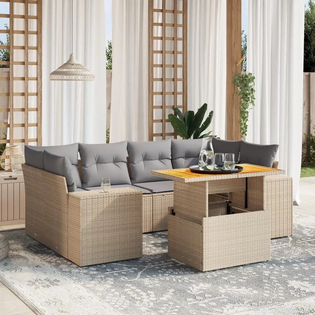 Set divani da giardino 7 pz con cuscini beige in polyrattan