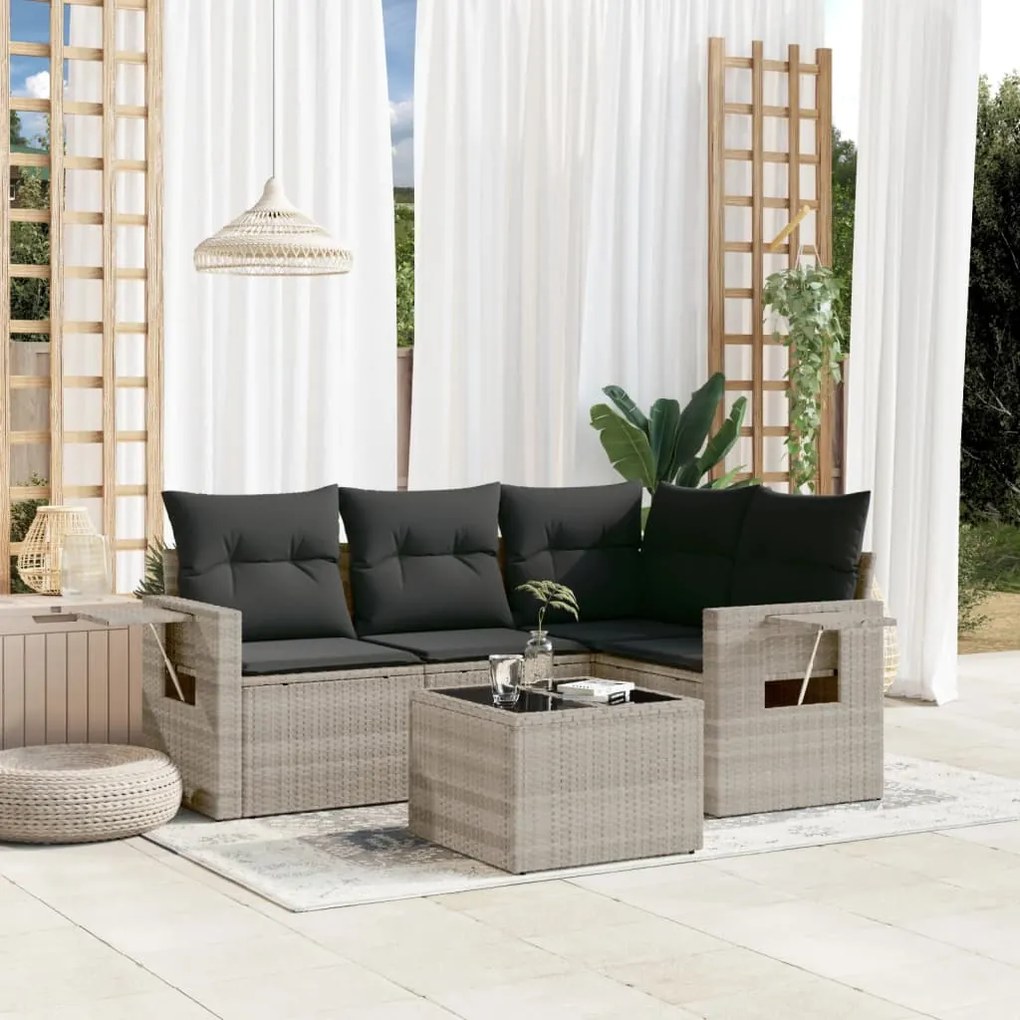 Set divano da giardino 5pz con cuscini grigio chiaro polyrattan