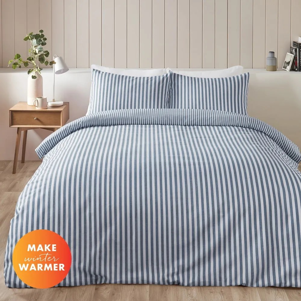 Set copripiumino e federa blu in flanella per letto matrimoniale e per letto esteso 230x220 cm Stripe – Catherine Lansfield