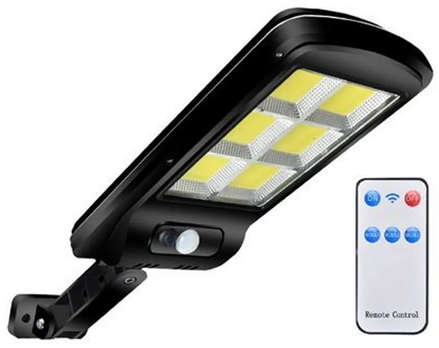 Faro 6 Led COB Nero con pannello solare IP65 Bianco freddo 6500K con telecomando e con sensore crepuscolare e di movimento Elbat