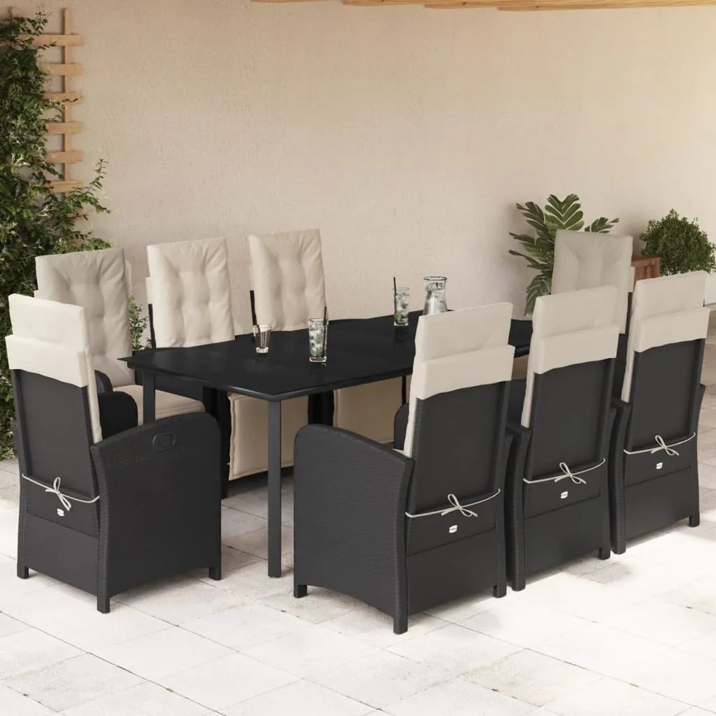 Set da pranzo da giardino 9 pz con cuscini nero in polyrattan