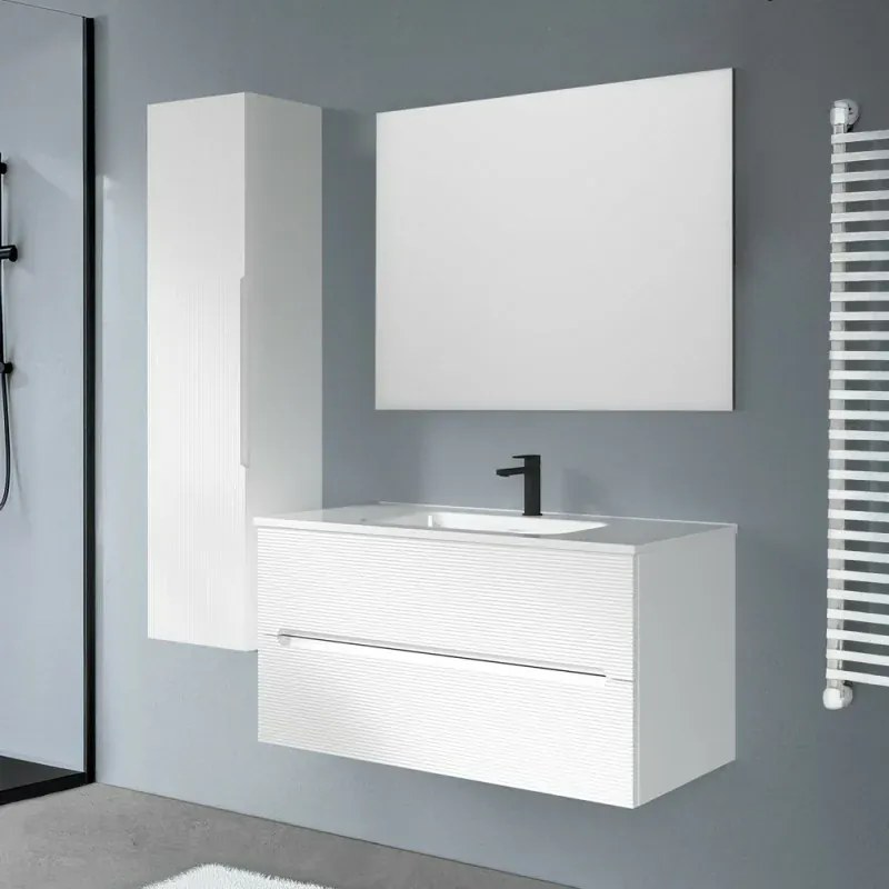 Colonna bagno sospesa H 138 cm bianco opaco cannettato con ripiani Rigo