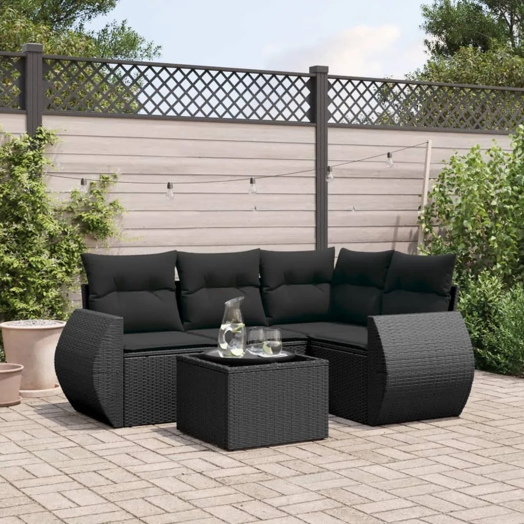 Set divani da giardino 5 pz con cuscini in polyrattan nero